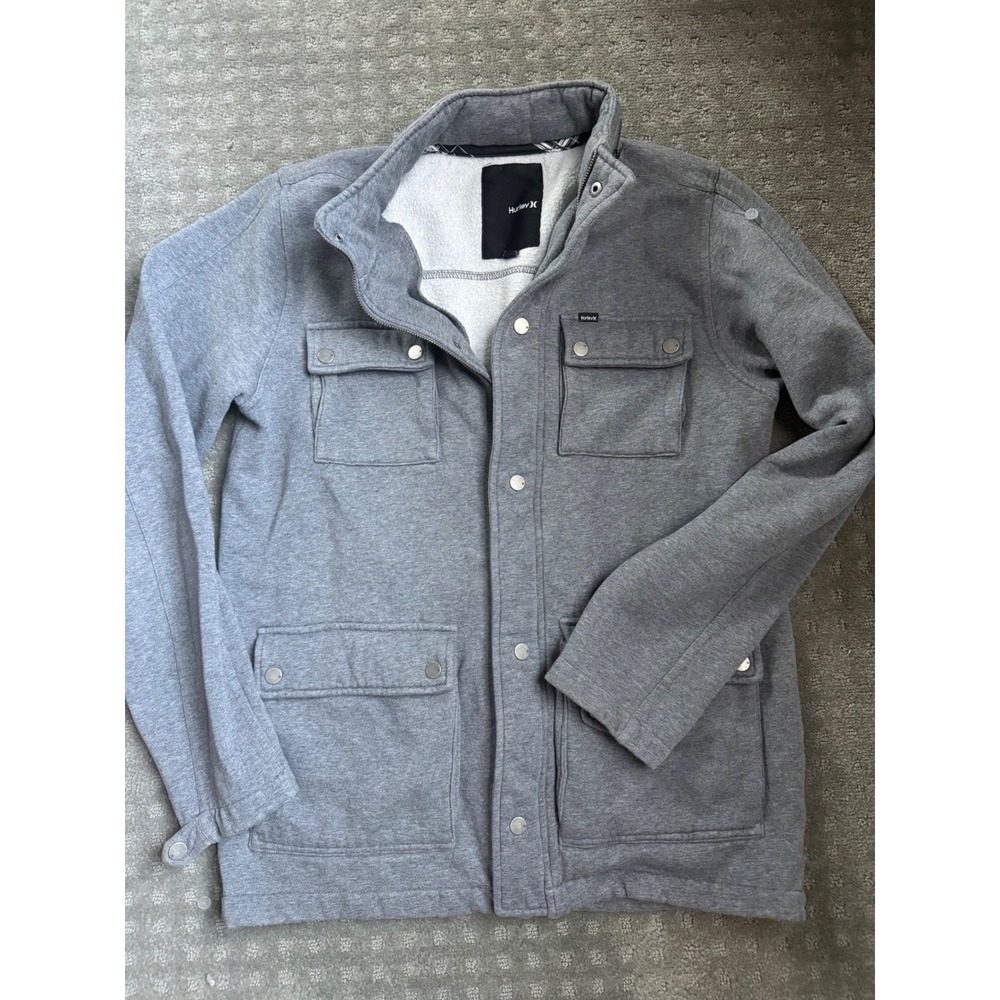 Hurley Womens Gray Fleece Lined Field Jacket Full Zip Snap Utility Pockets M
